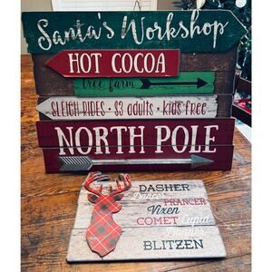 Set of 2 Rustic Wooden Winter Christmas Signs - Santa’s Workshop and Reindeer